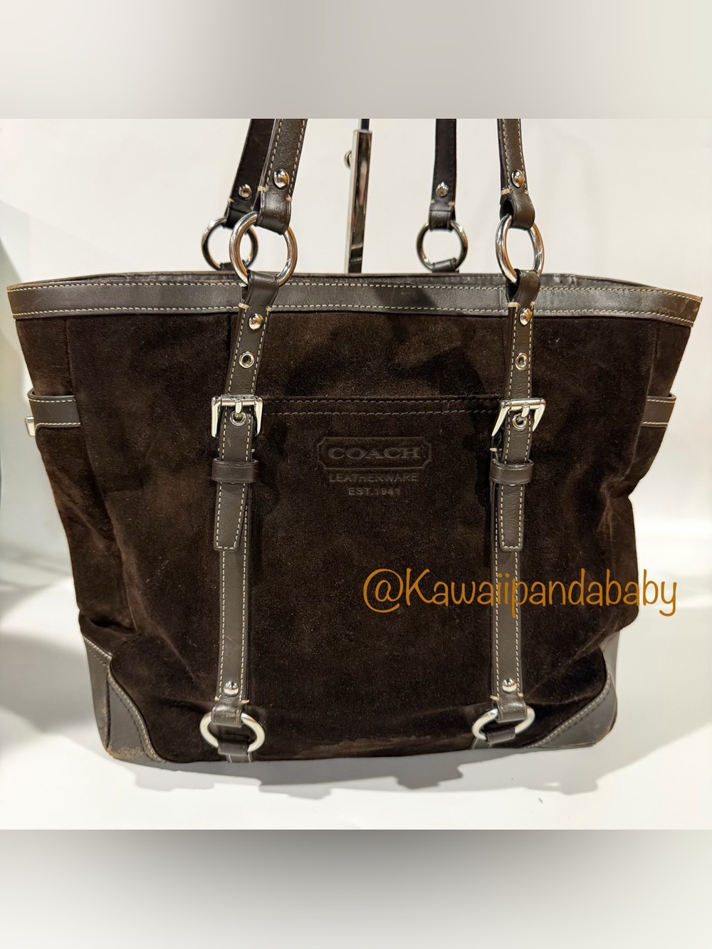 Y2k Vintage Coach Dark Espresso Brown Suede Leather Silver Shoulder Tote Bag